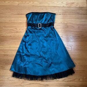 Y2k Cocktail Dress Tube Top Teal Party Mini Dress Black Tulle Belted Rhinestone